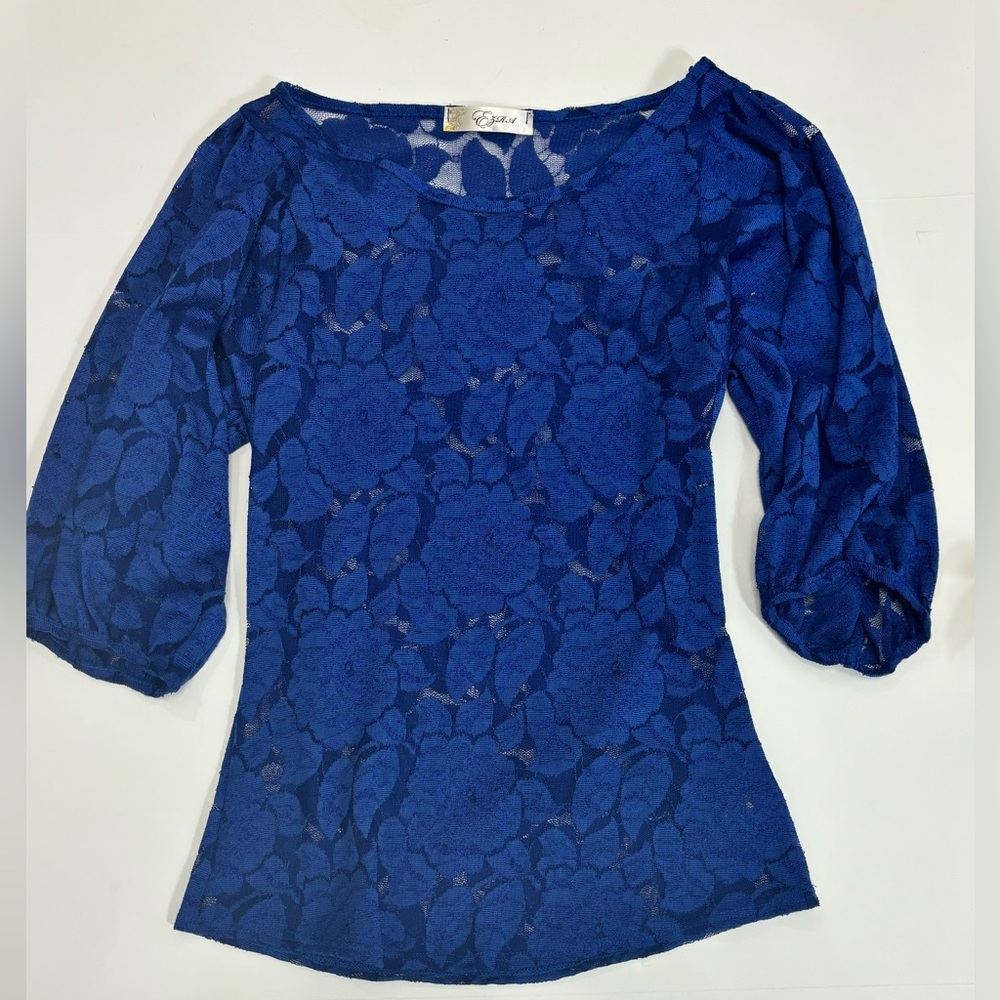 Ezra Blue Lace Puff Sleeve Blouse Size Small